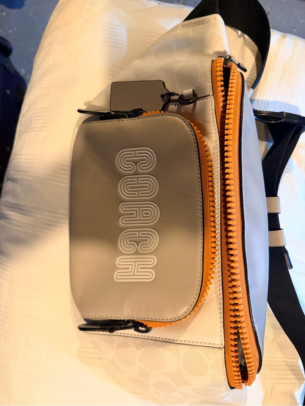 Coach Men’s Gray Leather Belt Bag with Orange Zipper